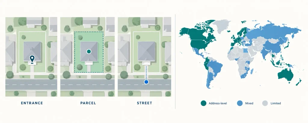 Comparison of building, parcel and street-level address locations across an international coverage map.