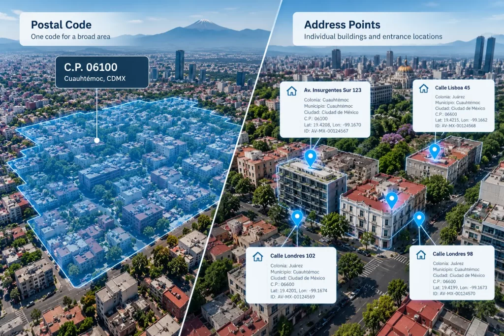 Comparison of a Mexico postal-code area with individual building and entrance address points.